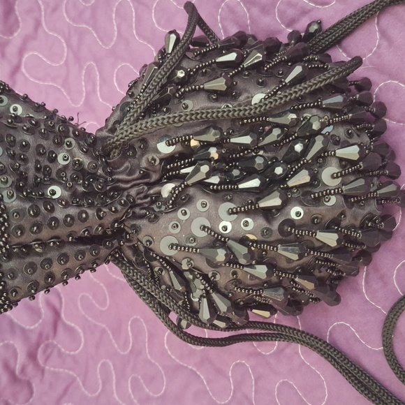 Vtg Dressy Purse Black Dangle Beads Sequins Sparkle Drawstring Pouch Crossbody - Picture 2 of 10